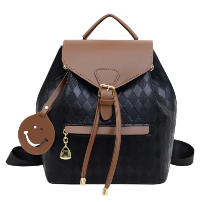 Women Street Trend Rhombic Printed Smiley Face Pendant Large Capacity Backpack