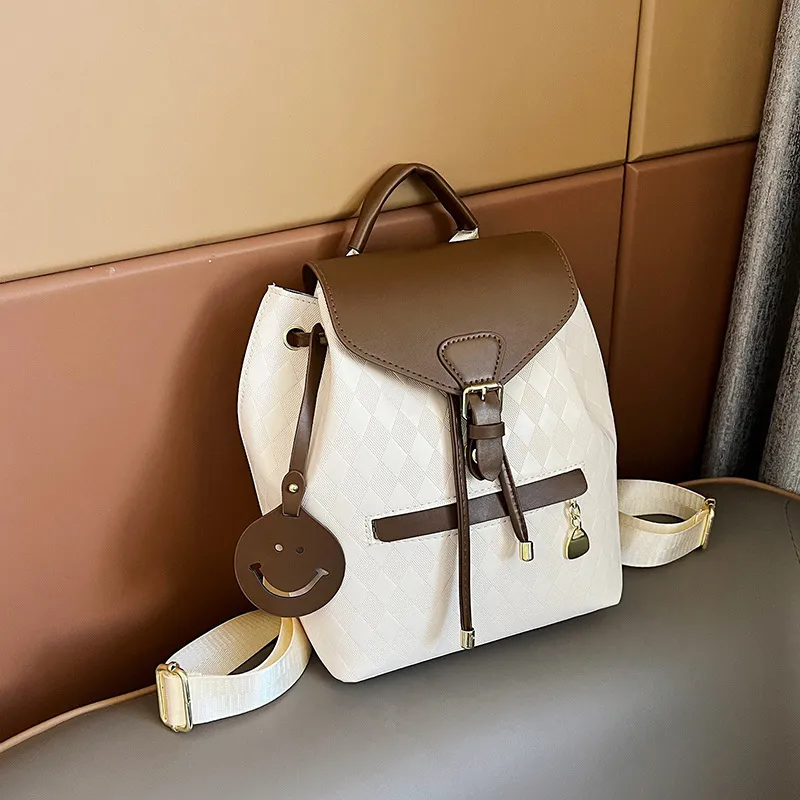 Women Street Trend Rhombic Printed Smiley Face Pendant Large Capacity Backpack