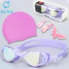 Pink Purple 4-Piece Set [Swimming Goggles Swimming Cap Nose Clip Earplug]]