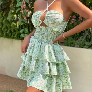 Women Fashion Sexy Strapless Halter Neck Floral Print Mini Dress