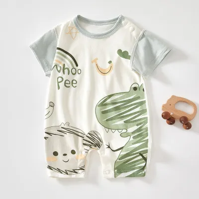 Kids Baby Boys Girls Cute Cartoon Print Short Sleeve Round Neck Cotton Romper Neutral Pullover