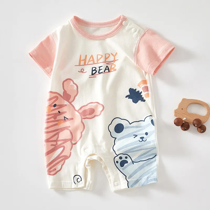 Kids Baby Boys Girls Cute Cartoon Print Short Sleeve Round Neck Cotton Romper Neutral Pullover