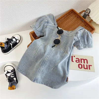 Kids Toddler Girls Casual Puff Sleeve A-Line Denim Dress