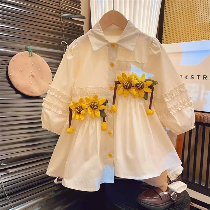 Kids Toddler Girls Casual Cute Floral Long Sleeve Lapel Cotton Dress