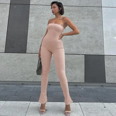 Women Sexy Strapless Solid Color Jumpsuits