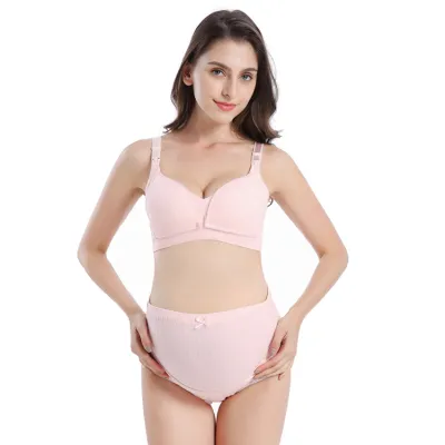 Pregnant Women Fashion Threaded Double Open Buckle Nursing Bra High Waist Abdomen-Supporting Underwear Set