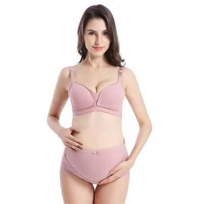 Pregnant Women Fashion Threaded Double Open Buckle Nursing Bra High Waist Abdomen-Supporting Underwear Set