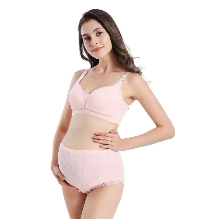Pregnant Women Fashion Threaded Double Open Buckle Nursing Bra High Waist Abdomen-Supporting Underwear Set