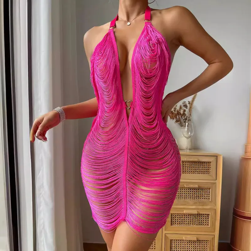 Summer Women Sexy Halter Neck Deep V Tassel Line Dress