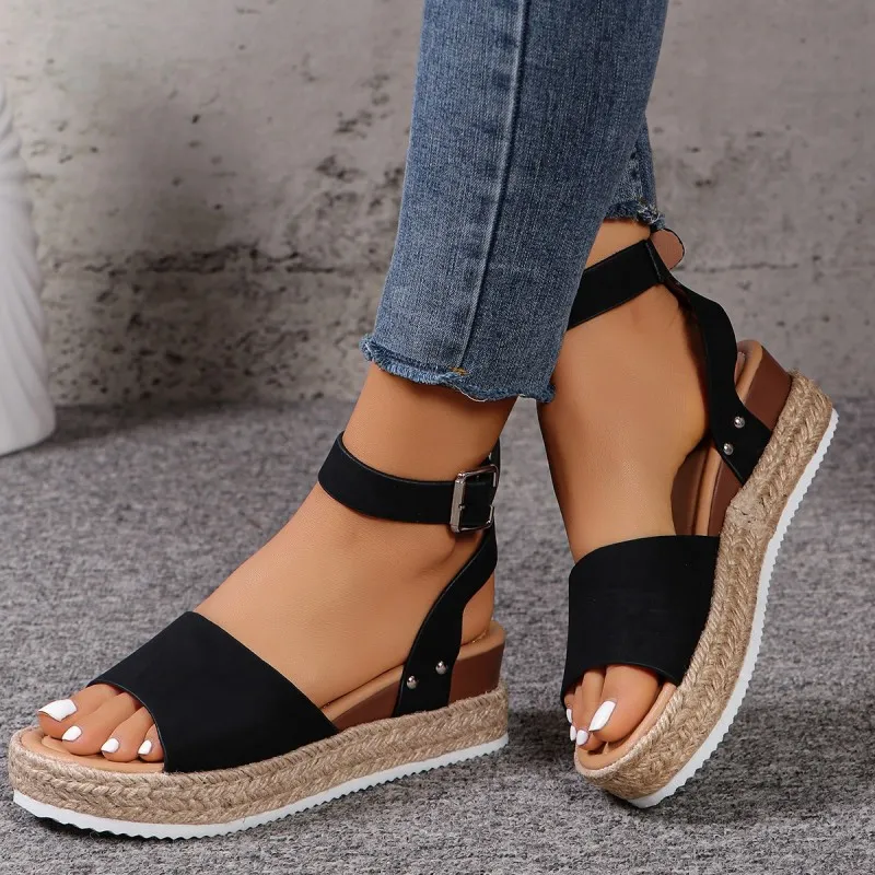 Summer Women Fashion Plus Size Hemp Rope Thick-Soled Sandals