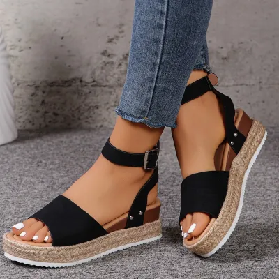 Summer Women Fashion Plus Size Hemp Rope Thick-Soled Sandals