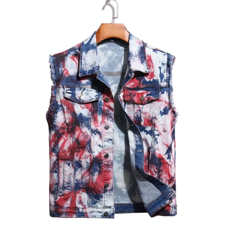 Men Fashion Urban Loose Tie-Dye Sleeveless Lapel Denim Vest
