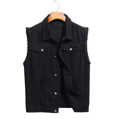 Men Fashion Casual Ripped Solid Color Sleeveless Lapel Denim Vest