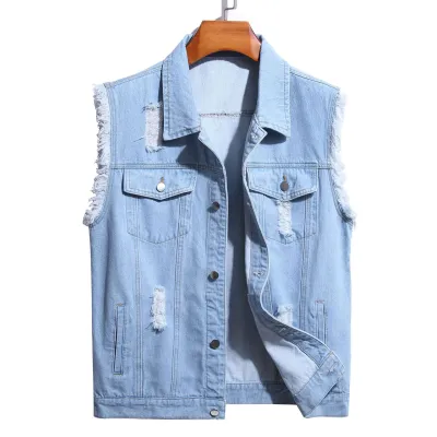 Men Fashion Casual Ripped Solid Color Sleeveless Lapel Denim Vest