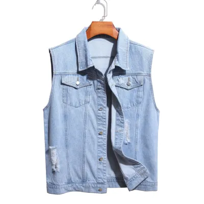Men Fashion Casual Ripped Solid Color Sleeveless Lapel Denim Vest