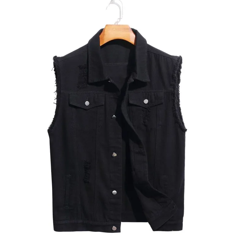 Men Fashion Casual Ripped Solid Color Sleeveless Lapel Denim Vest
