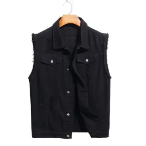 Men Fashion Casual Ripped Solid Color Sleeveless Lapel Denim Vest