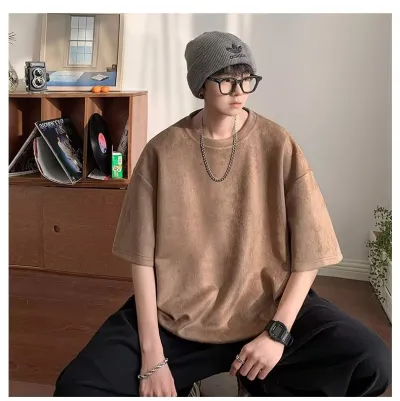 Men Fashion Suede Short Sleeve Round Neck T-Shirt