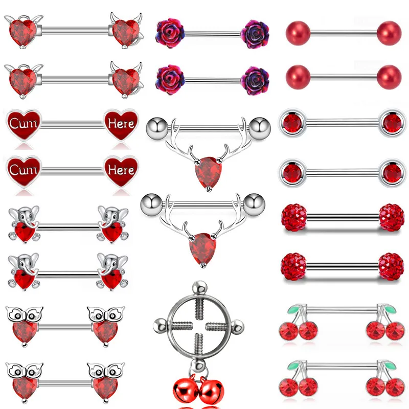 Women Fashion Fawn Heart Shaped Red Rhinestone Stainless Steel Body Piercing Jewelry