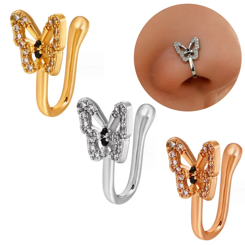 Women Fashion Butterfly Rhinestone Stainless Steel Nose Ring Body Piercing Jewelry