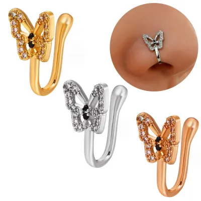 Women Fashion Butterfly Rhinestone Stainless Steel Nose Ring Body Piercing Jewelry