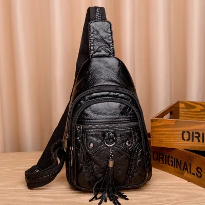 Women Fashion Retro Solid Color Zipper Tassel PU Chest Bag Small