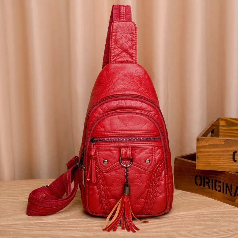 Women Fashion Retro Solid Color Zipper Tassel PU Chest Bag Small