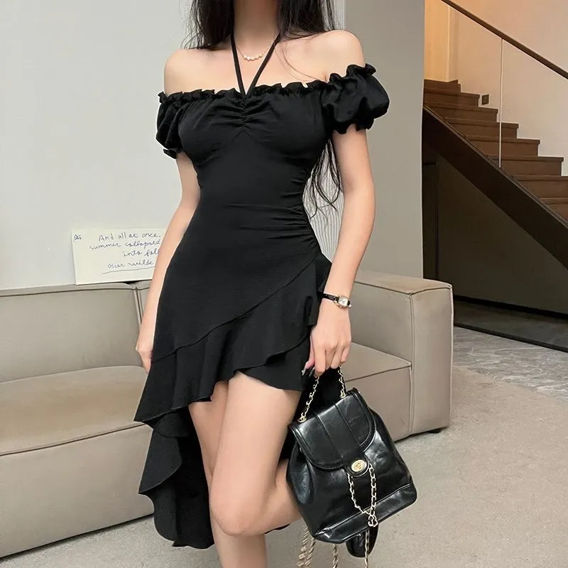 Women's Off-Shoulder Ruffled Irregular Midi Dress - High Waist Short Sleeve Polyester