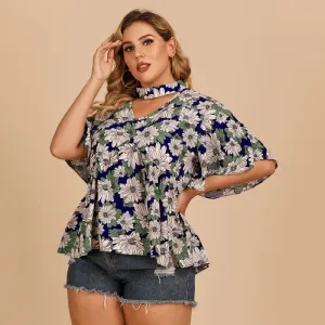 Summer Women Fashion Plus Size Floral Print Short Sleeve Top