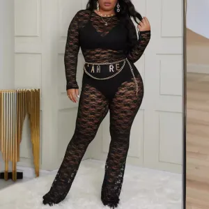 Women Plus Size Lace Perspective Long Sleeve Jumpsuits Commuter Wind