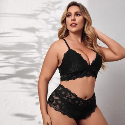 Women Plus Size Lace Sling Bra Panties Two-Piece Set