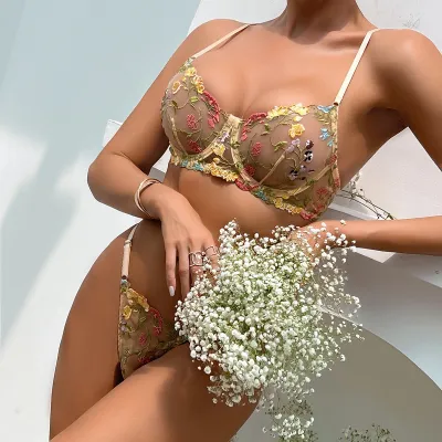 Sexy Underwear Embroidery Floral See-Through Mesh Two-Piece Women Bra Panties Set