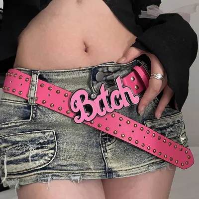 Y2k Edgy Women Street Fashion Letter Bitch Buckle Pink Rivet Belt