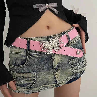 Cinturón de cuero sintético Y2k para mujer Barbie Pink Edgy