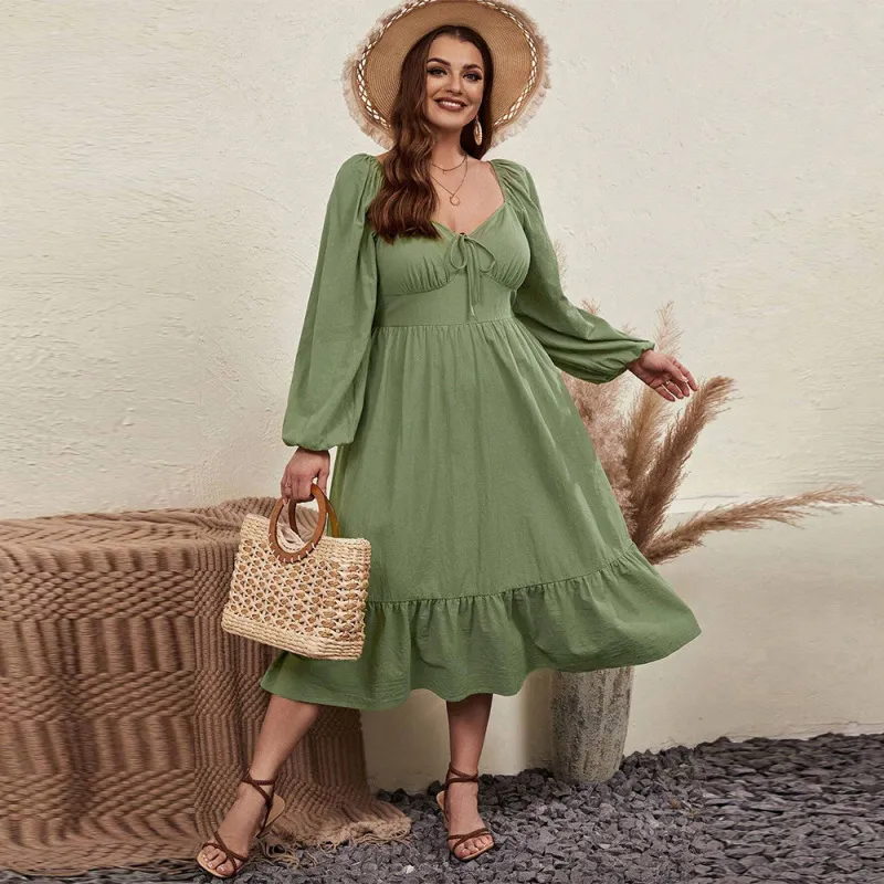 Women Plus Size Cotton Knit Long Sleeve Dress with Horn Sleeve and Defined Waist