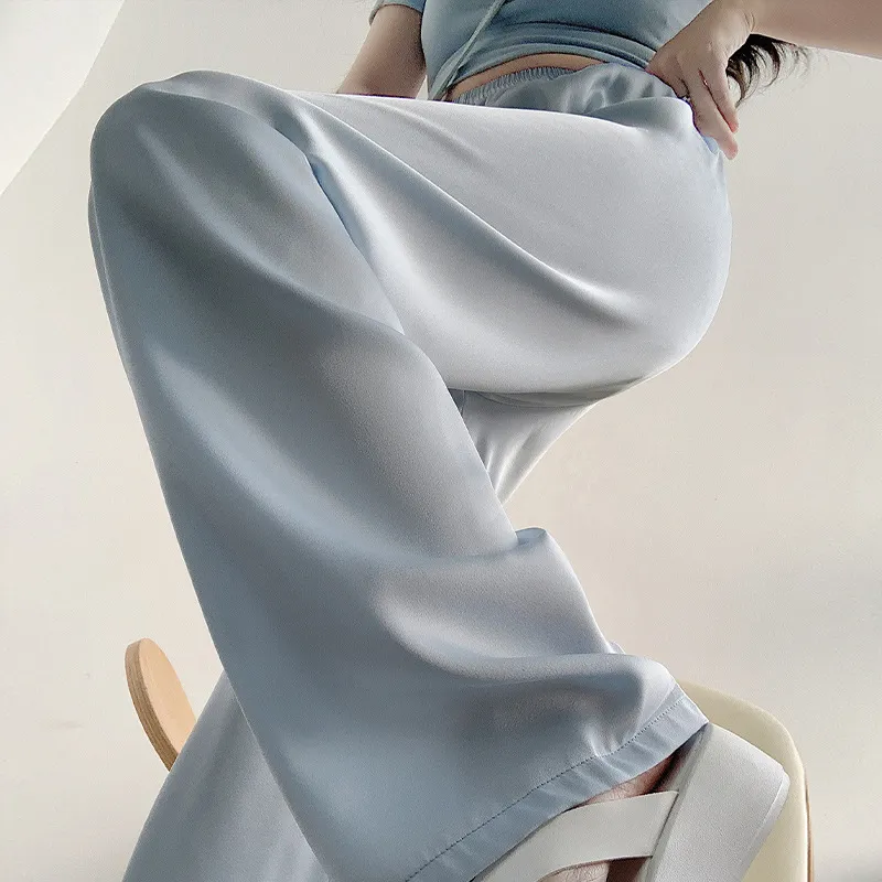 Women Summer Solid Color Acetic Acid Ice Silk Wide Leg Pants