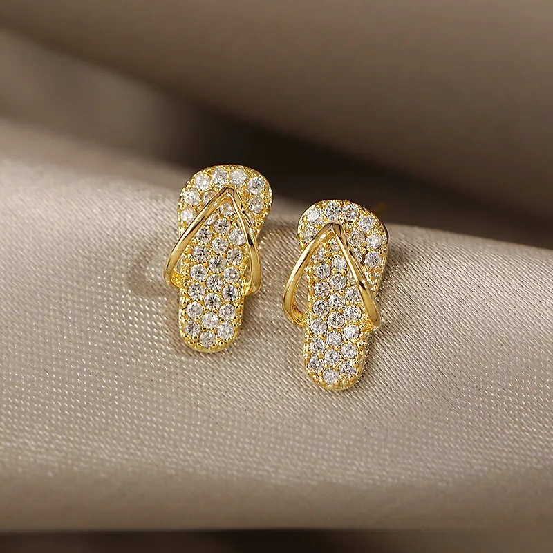 Women Rhinestone Slippers Shape Stud Earrings