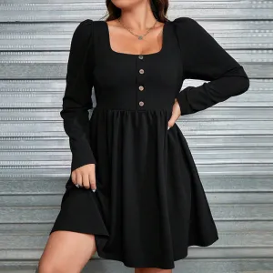 Women Plus Size Elegant Square Neck Long Sleeve Dress