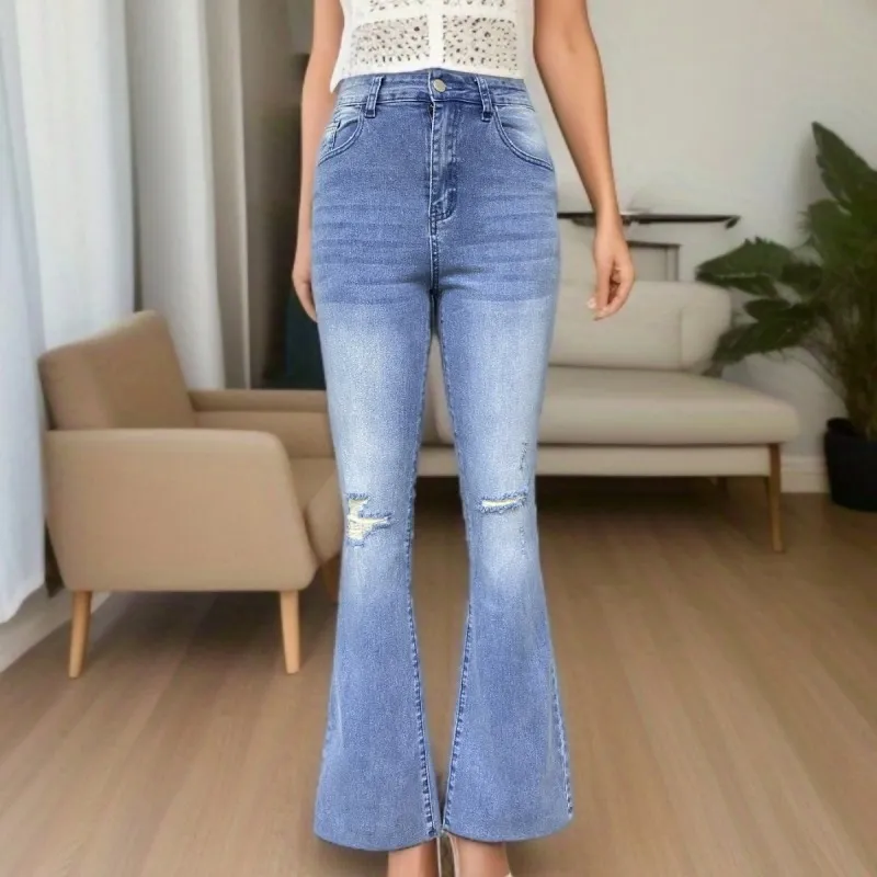 Street Women Fashion Stretch Ripped Flared Jeans