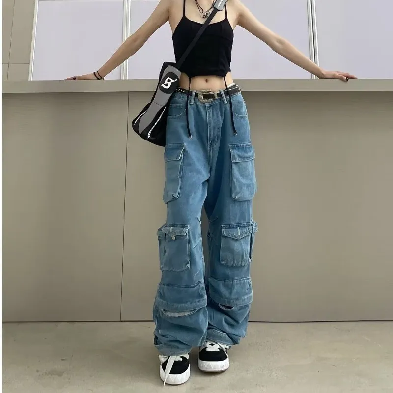 Street Women Fashion High Waist Wide Leg Cargo Pants Jeans