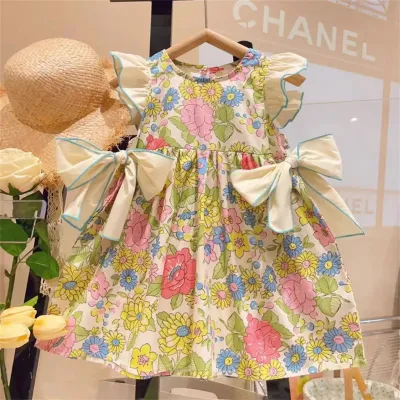 Wholesale Kids Toddler Girls Cute Cartoon Stripe Short Sleeve Dress