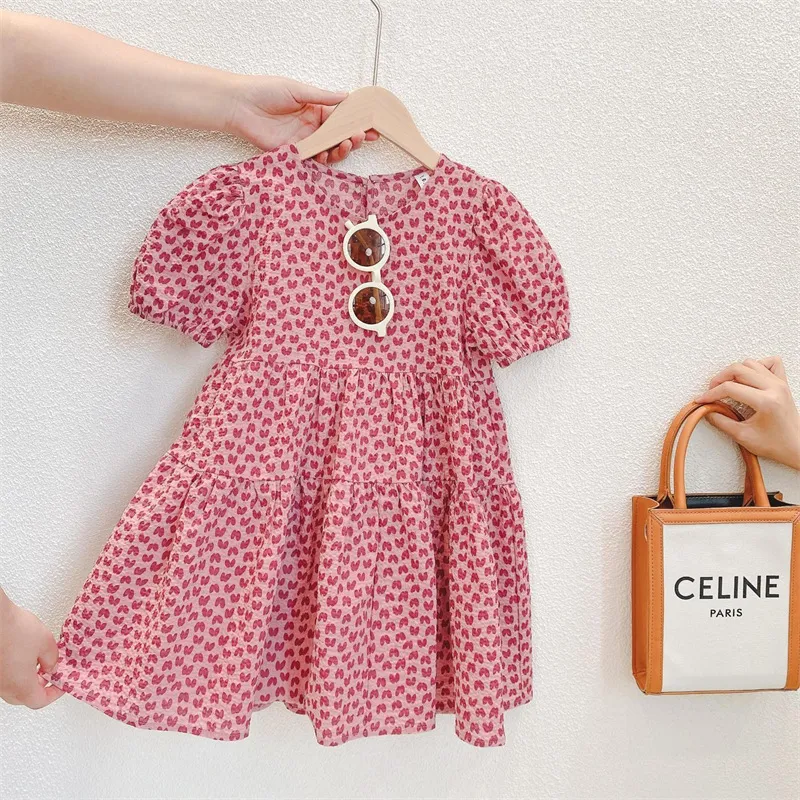 Kids Toddler Girls Cute Heart Print Short Sleeve A-Line Dress Polyester Spandex