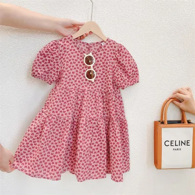 Kids Toddler Girls Cute Heart Print Short Sleeve A-Line Dress Polyester Spandex