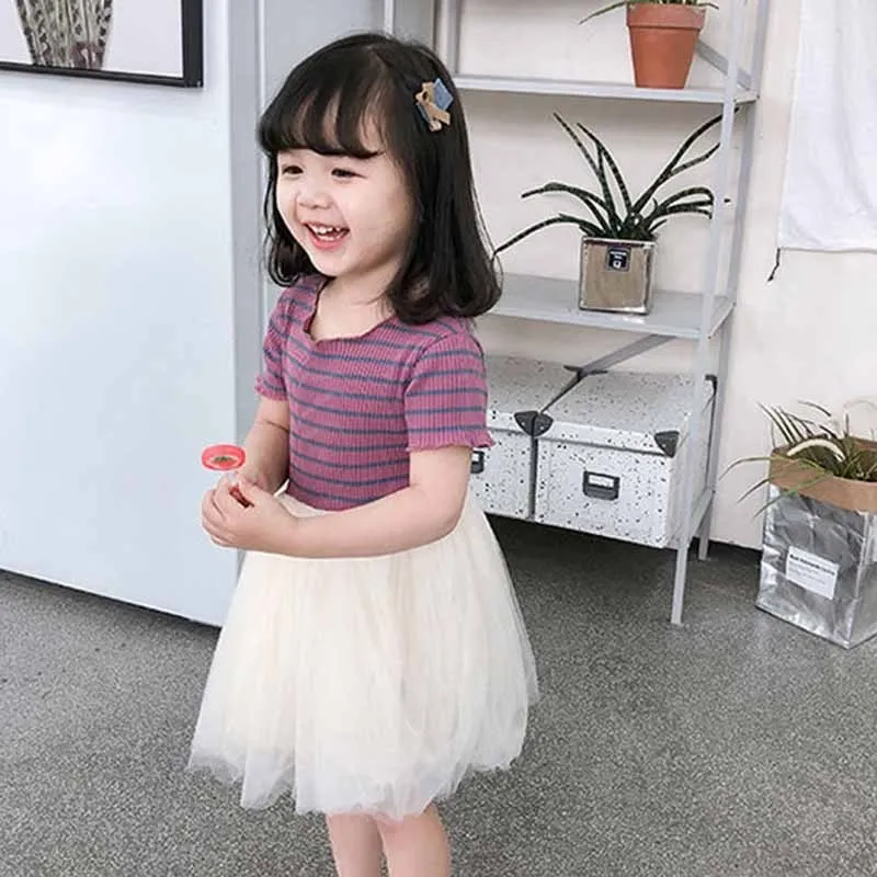 Kids Toddler Girls Casual Stitching Stripe Short Sleeve Mesh Dress A-Line