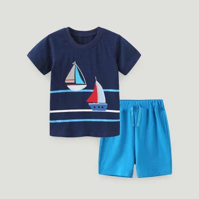 Kids Toddler Boys Casual Sport Sailing Embroidery Shorts Set with Round Neck T-Shirt