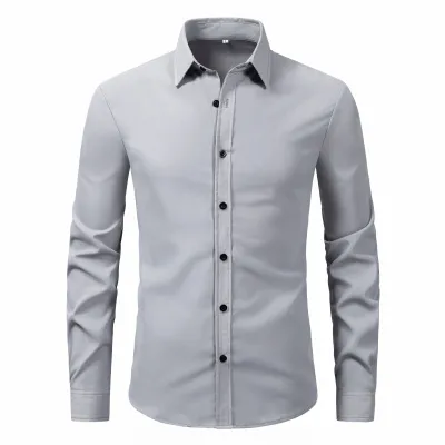Men Fashion Slim Fit Business Solid Color Long Sleeve Lapel Dress Shirts