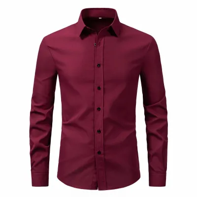 Men Fashion Slim Fit Business Solid Color Long Sleeve Lapel Dress Shirts