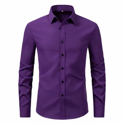 Men Fashion Slim Fit Business Solid Color Long Sleeve Lapel Dress Shirts