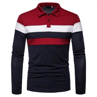 Men Fashion Casual Color Block Long Sleeve Lapel Polo Shirt Stripe