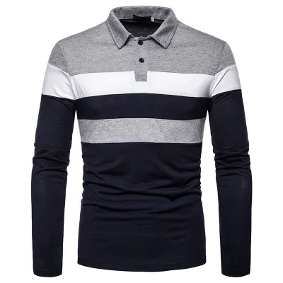 Men Fashion Casual Color Block Long Sleeve Lapel Polo Shirt Stripe